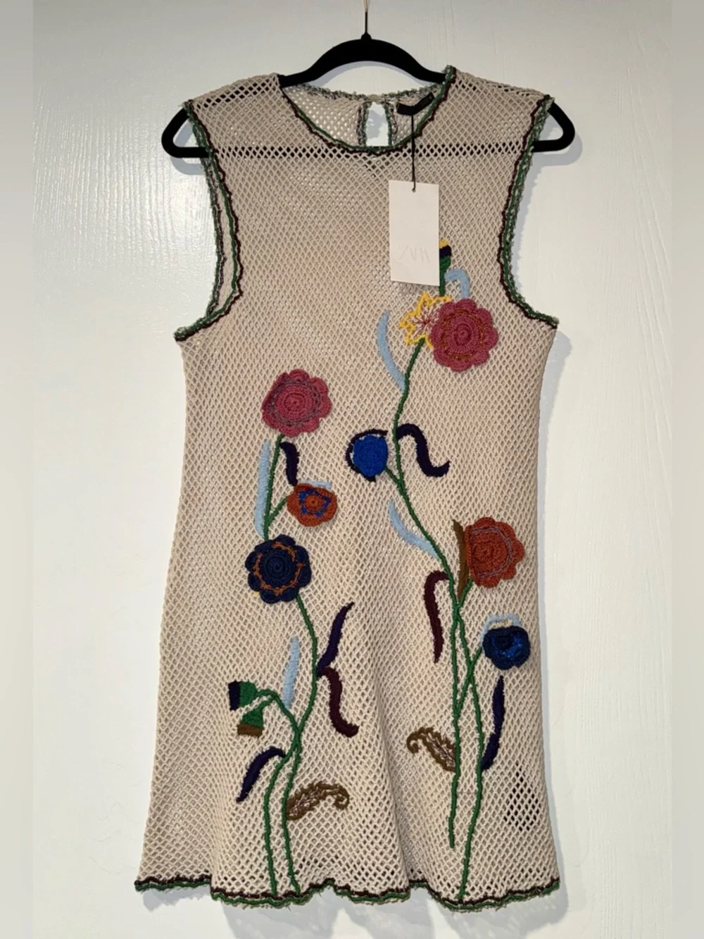 Zara Embroidered Crochet Floral Tank Dress in Cream/Multi NWT Size Medium - Picture 2 of 13